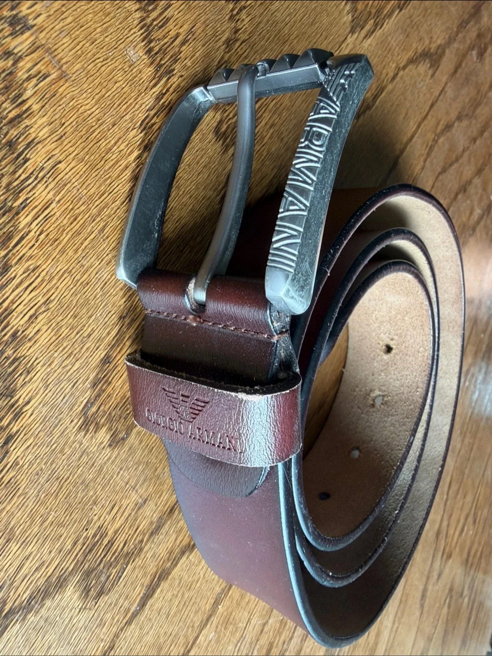 Giorgio Armani Burgundy Leather Belt with Silver Buckle